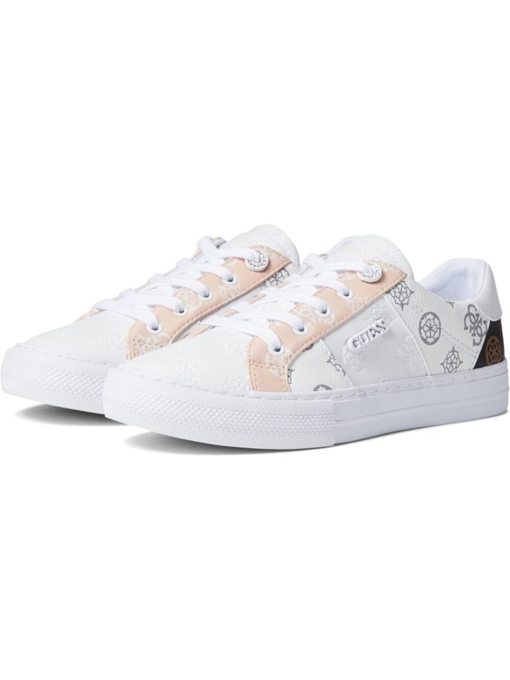 Women's White-Pink Faux Leather Closed Toe Low Top Lace Up Fashion Sneakers